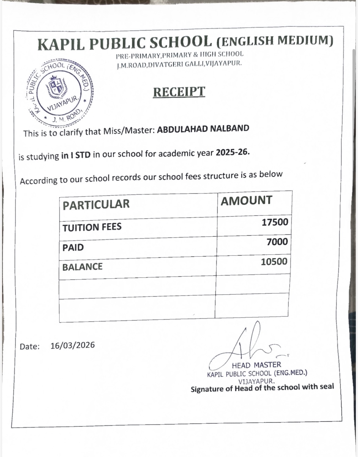 Abdul Ahad Nalband School fees